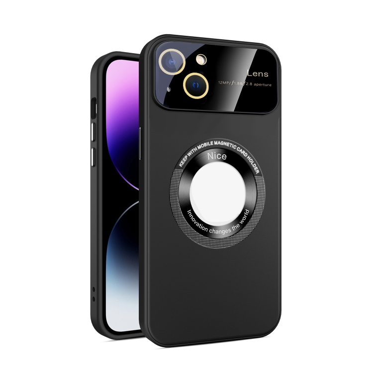 

For iPhone 13 Large Glass Window Magnetic Magsafe Phone Case with Lens Film(Black)