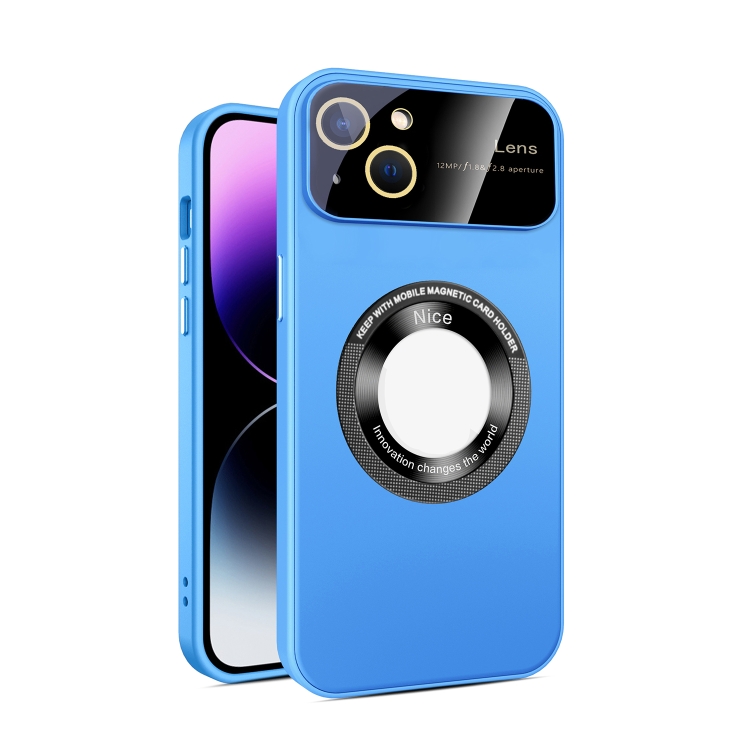

For iPhone 13 Large Glass Window Magnetic Magsafe Phone Case with Lens Film(Sky Blue)