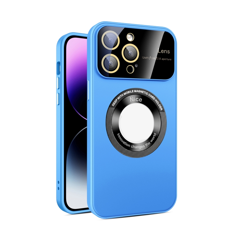 

For iPhone 13 Pro Large Glass Window Magnetic Magsafe Phone Case with Lens Film(Sky Blue)