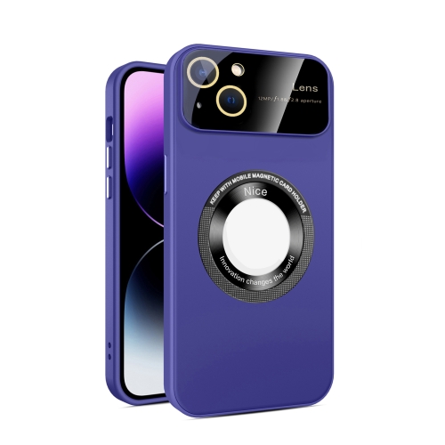 

For iPhone 14 Large Glass Window Magnetic Magsafe Phone Case with Lens Film(Dark Purple)