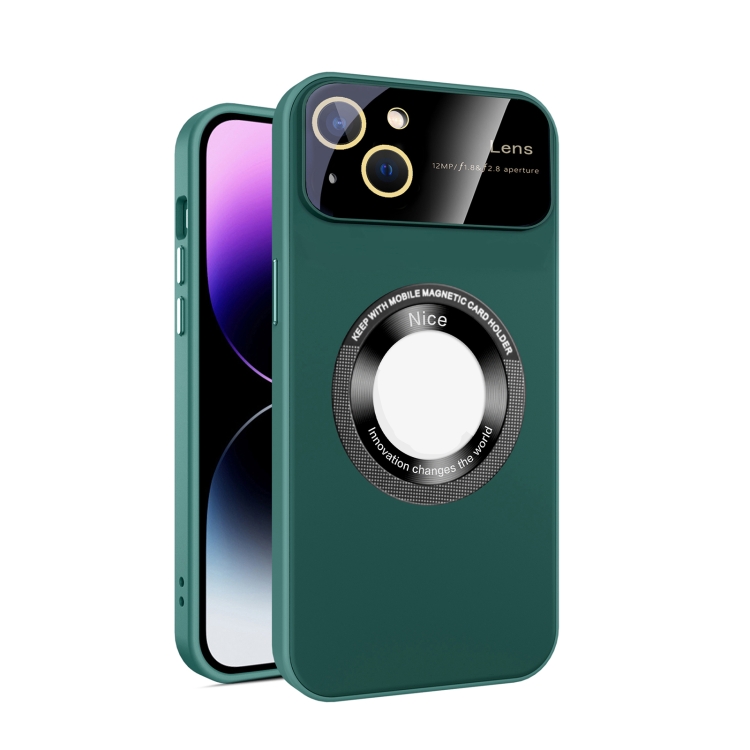 

For iPhone 14 Large Glass Window Magnetic Magsafe Phone Case with Lens Film(Green)