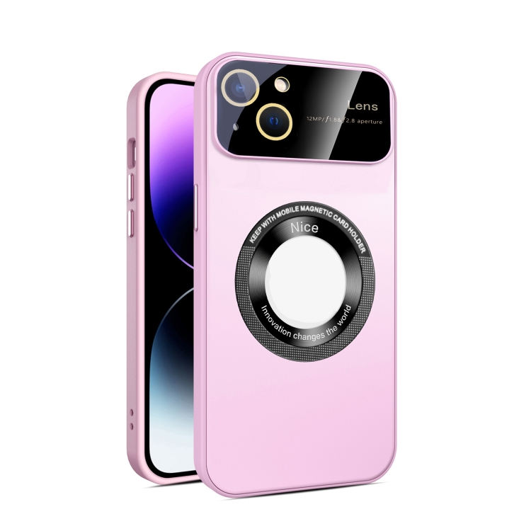 

For iPhone 14 Large Glass Window Magnetic Magsafe Phone Case with Lens Film(Pink)