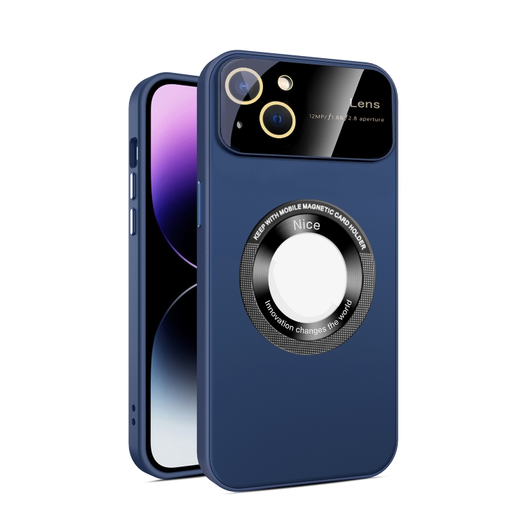 

For iPhone 14 Plus Large Glass Window Magnetic Magsafe Phone Case with Lens Film(Royal Blue)