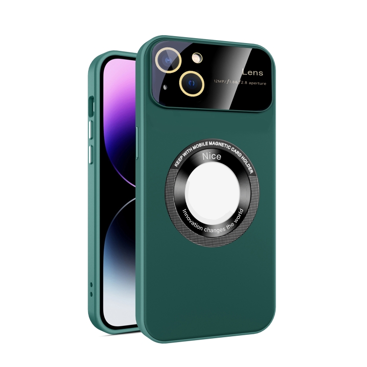 

For iPhone 14 Plus Large Glass Window Magnetic Magsafe Phone Case with Lens Film(Green)