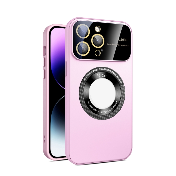 

For iPhone 14 Pro Large Glass Window Magnetic Magsafe Phone Case with Lens Film(Pink)