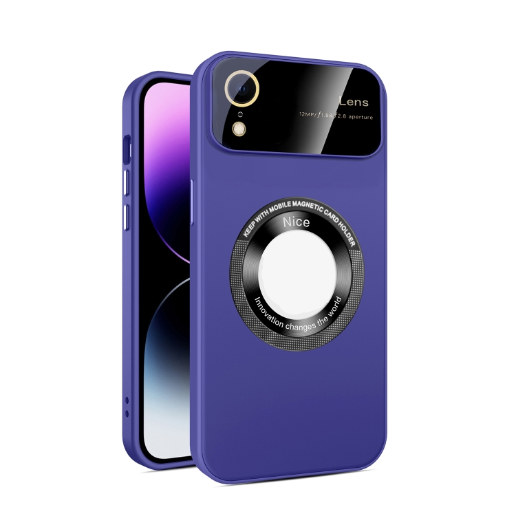 

For iPhone XR Large Glass Window Magnetic Magsafe Phone Case with Lens Film(Dark Purple)