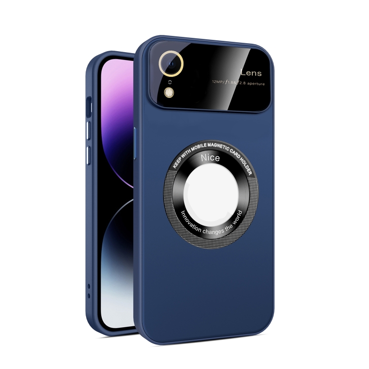 

For iPhone XR Large Glass Window Magnetic Magsafe Phone Case with Lens Film(Royal Blue)