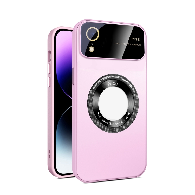 

For iPhone XR Large Glass Window Magnetic Magsafe Phone Case with Lens Film(Pink)