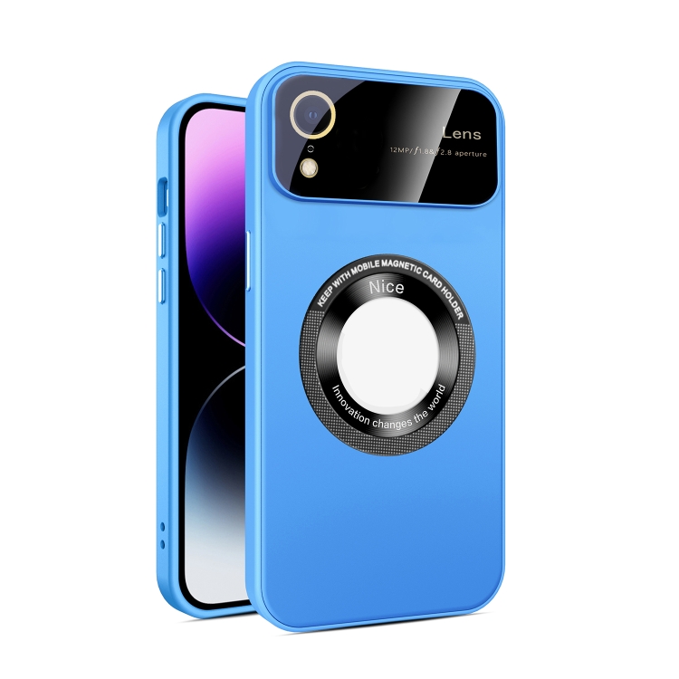 

For iPhone XR Large Glass Window Magnetic Magsafe Phone Case with Lens Film(Sky Blue)