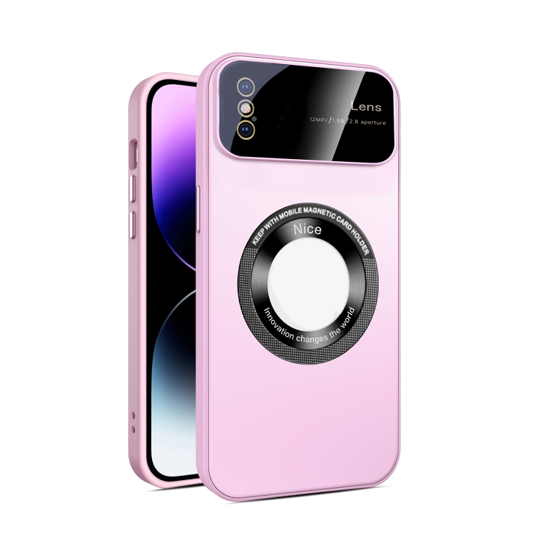 

For iPhone XS Large Glass Window Magnetic Magsafe Phone Case with Lens Film(Pink)