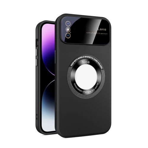 

For iPhone XS Large Glass Window Magnetic Magsafe Phone Case with Lens Film(Black)