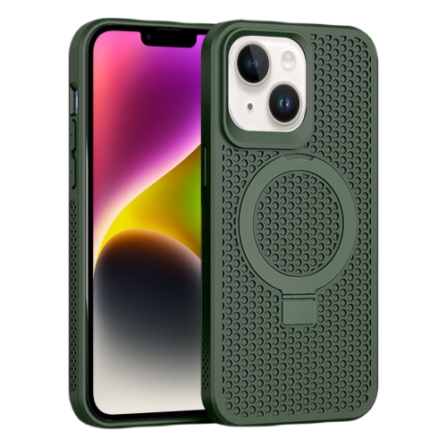 

For iPhone 15 Plus Skin Feel PC+TPU Cooling Magnetic Magsafe Phone Case with Stand(Dark Green)