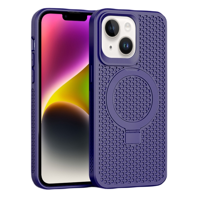 

For iPhone 15 Skin Feel PC+TPU Cooling Magnetic Magsafe Phone Case with Stand(Purple)