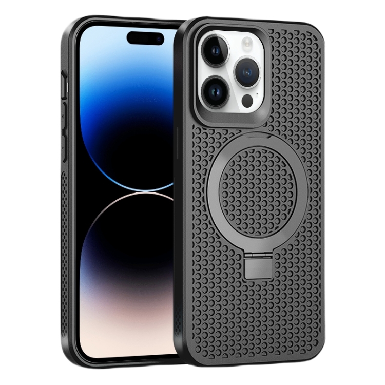 

For iPhone 14 Pro Max Skin Feel PC+TPU Cooling Magnetic Magsafe Phone Case with Stand(Black)
