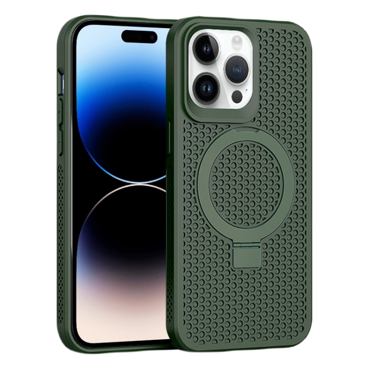 

For iPhone 14 Pro Max Skin Feel PC+TPU Cooling Magnetic Magsafe Phone Case with Stand(Dark Green)