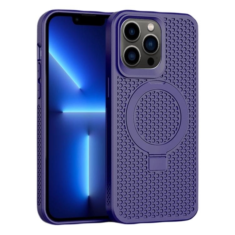 

For iPhone 13 Pro Skin Feel PC+TPU Cooling Magnetic Magsafe Phone Case with Stand(Purple)