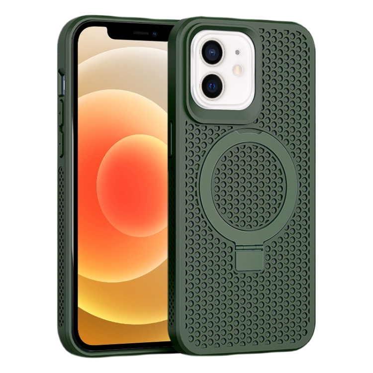 

For iPhone 12/12 Pro Skin Feel PC+TPU Cooling Magnetic Magsafe Phone Case with Stand(Dark Green)