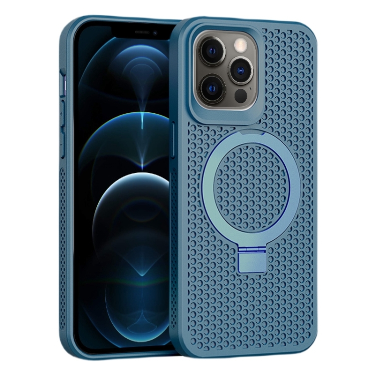 

For iPhone 12 Pro Max Skin Feel PC+TPU Cooling Magnetic Magsafe Phone Case with Stand(Navy Blue)