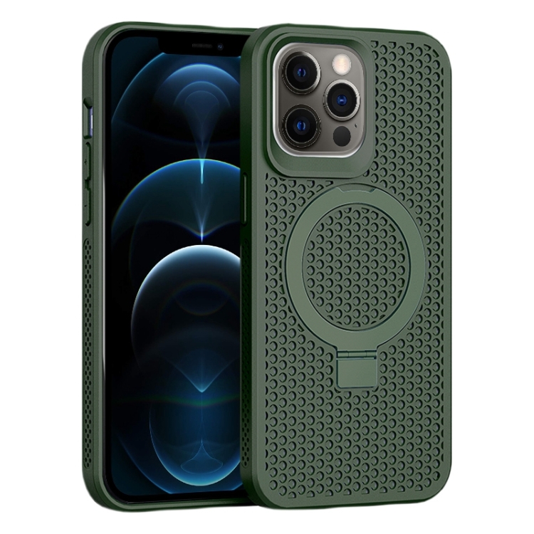 

For iPhone 12 Pro Max Skin Feel PC+TPU Cooling Magnetic Magsafe Phone Case with Stand(Dark Green)