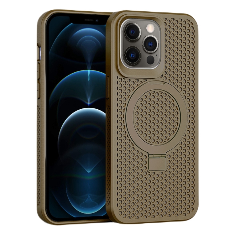 

For iPhone 12 Pro Max Skin Feel PC+TPU Cooling Magnetic Magsafe Phone Case with Stand(Brown)