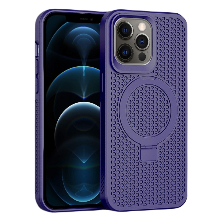 

For iPhone 12 Pro Max Skin Feel PC+TPU Cooling Magnetic Magsafe Phone Case with Stand(Purple)