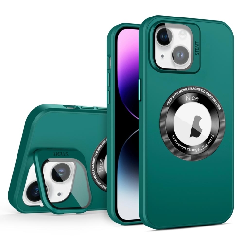 

For iPhone 15 Skin Feel Magnifier MagSafe Lens Holder Phone Case(Dark Green)