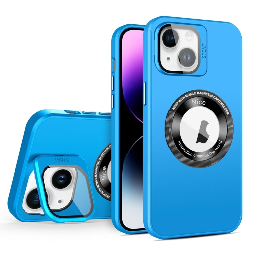 

For iPhone 15 Plus Skin Feel Magnifier MagSafe Lens Holder Phone Case(Light Blue)