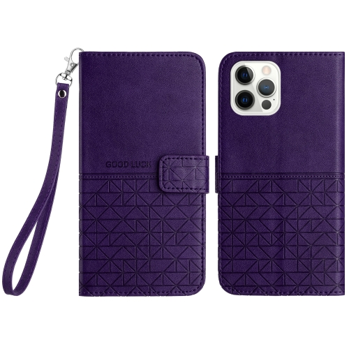 

For iPhone 15 Pro Rhombic Texture Leather Phone Case with Lanyard(Purple)