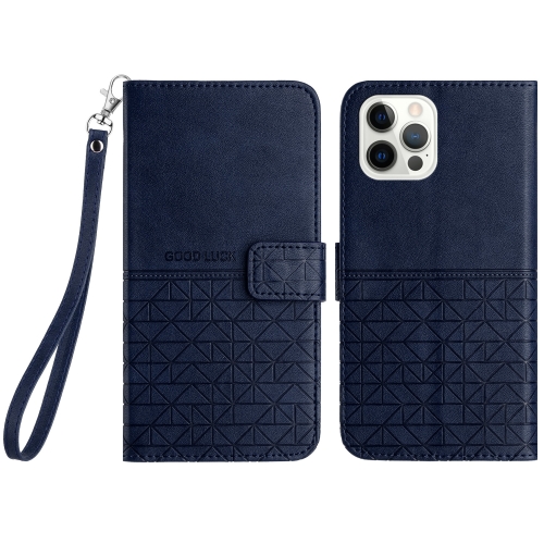 

For iPhone 15 Pro Rhombic Texture Leather Phone Case with Lanyard(Blue)