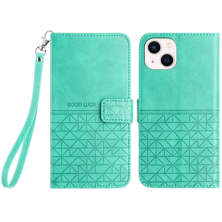 

For iPhone 15 Plus Rhombic Texture Leather Phone Case with Lanyard(Green)