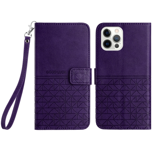 

For iPhone 14 Pro Max Rhombic Texture Leather Phone Case with Lanyard(Purple)