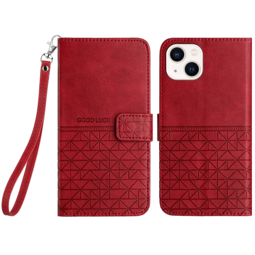 

For iPhone 14 Plus Rhombic Texture Leather Phone Case with Lanyard(Red)