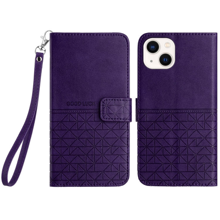 

For iPhone 14 / 13 Rhombic Texture Leather Phone Case with Lanyard(Purple)