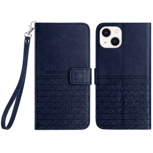 

For iPhone 14 / 13 Rhombic Texture Leather Phone Case with Lanyard(Blue)