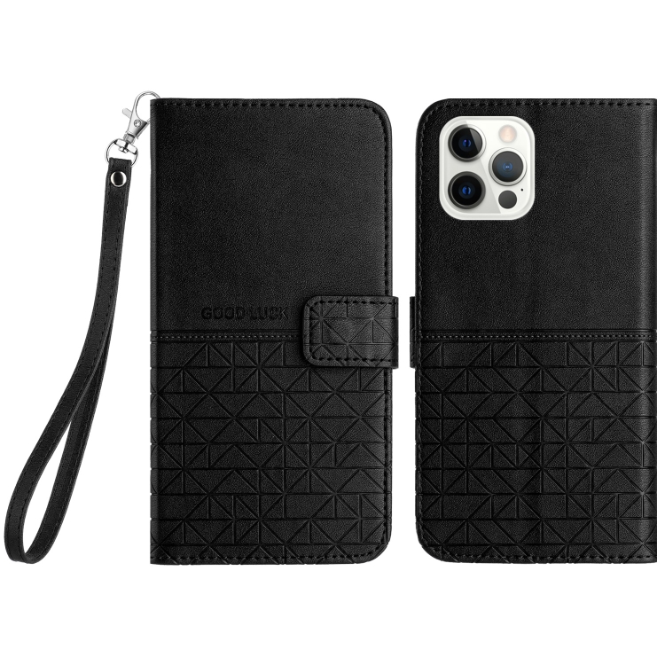 

For iPhone 12 Pro Max Rhombic Texture Leather Phone Case with Lanyard(Black)