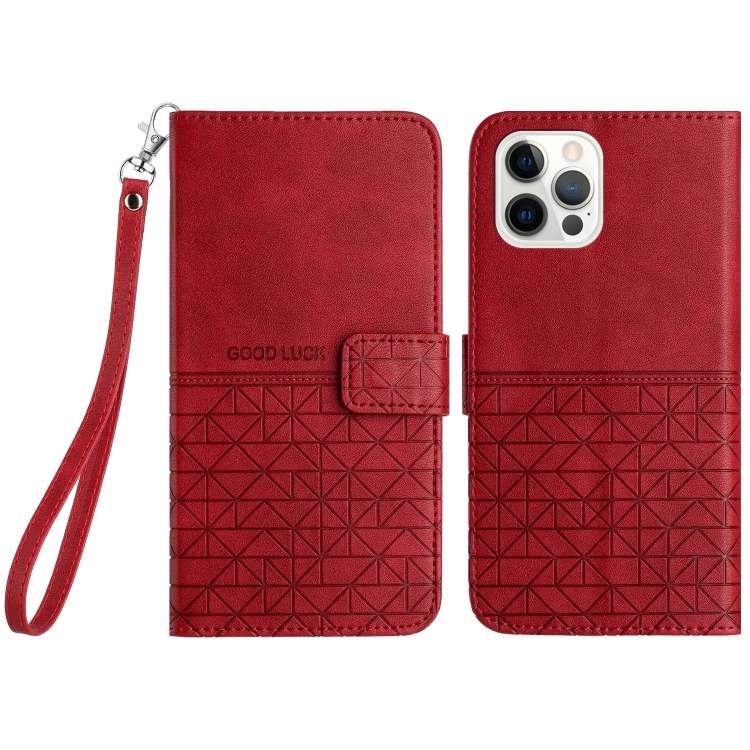 

For iPhone 12 / 12 Pro Rhombic Texture Leather Phone Case with Lanyard(Red)