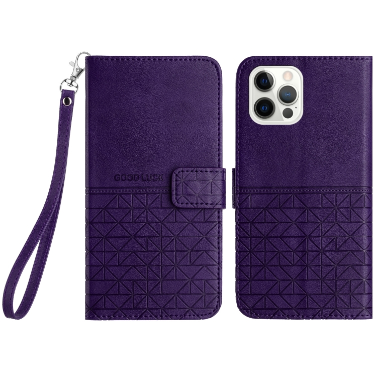 

For iPhone 12 / 12 Pro Rhombic Texture Leather Phone Case with Lanyard(Purple)