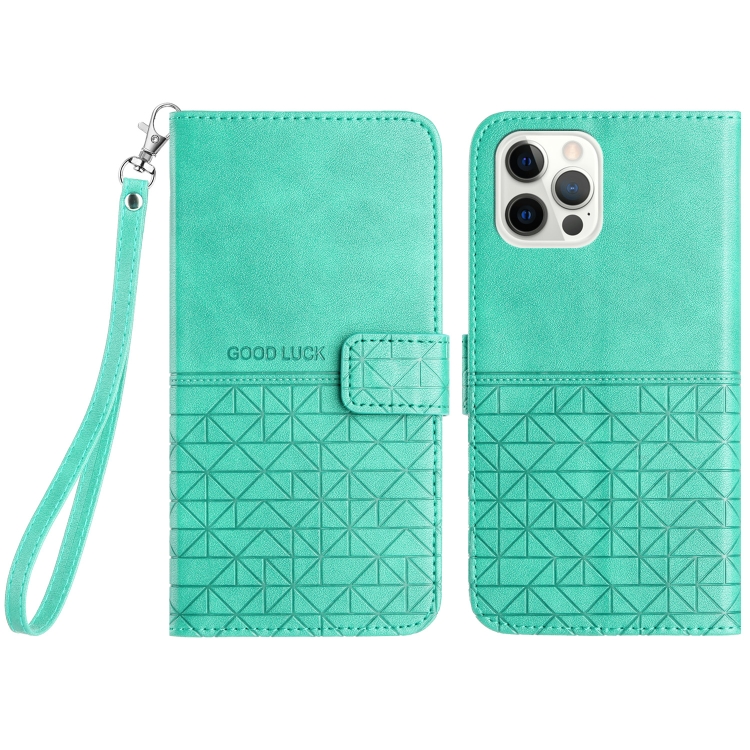 

For iPhone 12 / 12 Pro Rhombic Texture Leather Phone Case with Lanyard(Green)