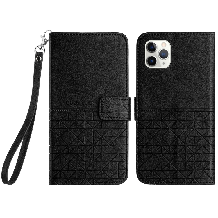 

For iPhone 11 Pro Max Rhombic Texture Leather Phone Case with Lanyard(Black)