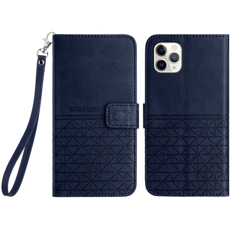 

For iPhone 11 Pro Max Rhombic Texture Leather Phone Case with Lanyard(Blue)
