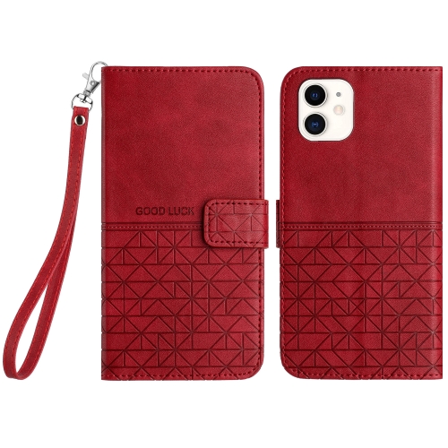 

For iPhone 11 Rhombic Texture Leather Phone Case with Lanyard(Red)