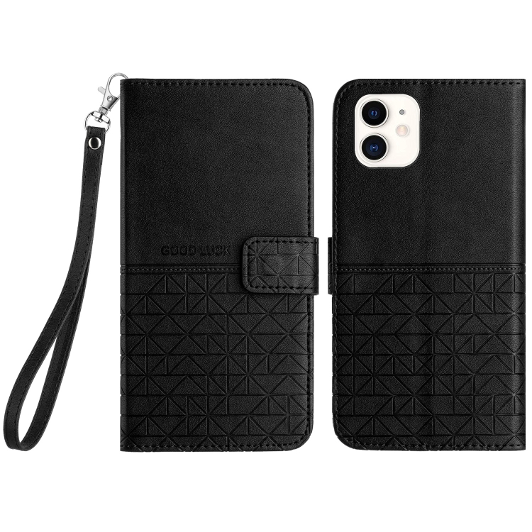 

For iPhone 11 Rhombic Texture Leather Phone Case with Lanyard(Black)