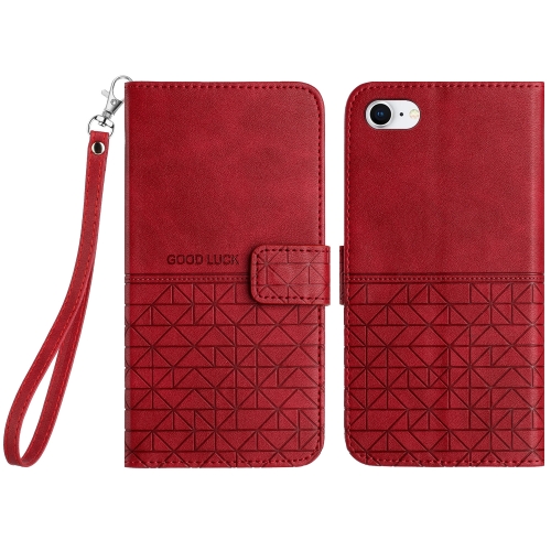 

For iPhone SE 2022 / 2020 /8/7 Rhombic Texture Leather Phone Case with Lanyard(Red)