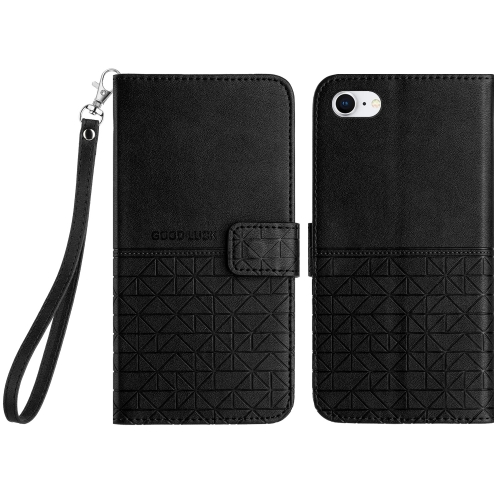 

For iPhone SE 2022 / 2020 /8/7 Rhombic Texture Leather Phone Case with Lanyard(Black)