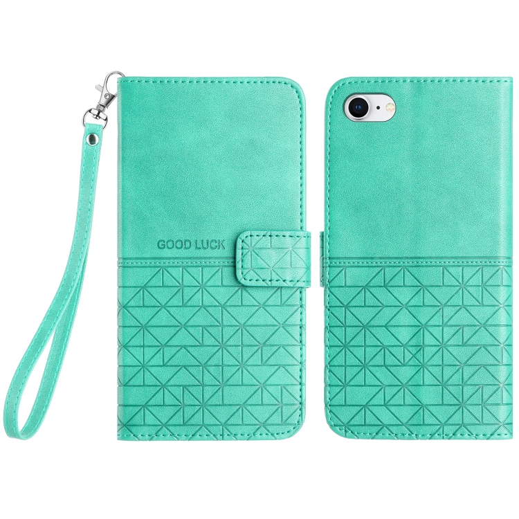 

For iPhone SE 2022 / 2020 /8/7 Rhombic Texture Leather Phone Case with Lanyard(Green)