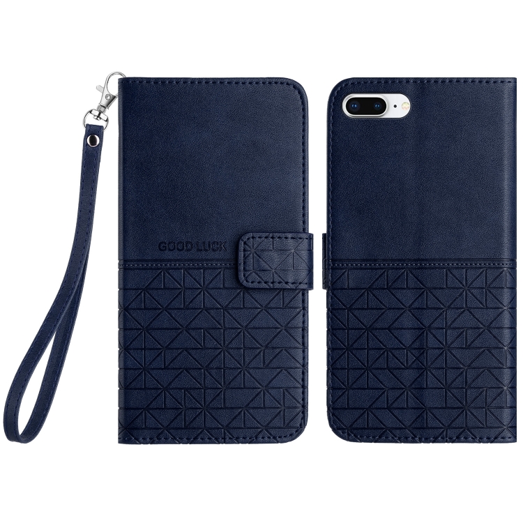 

For iPhone 8 Plus / 7 Plus Rhombic Texture Leather Phone Case with Lanyard(Blue)