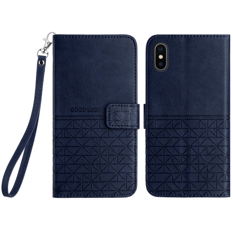 

For iPhone X / XS Rhombic Texture Leather Phone Case with Lanyard(Blue)