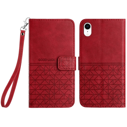 

For iPhone XR Rhombic Texture Leather Phone Case with Lanyard(Red)