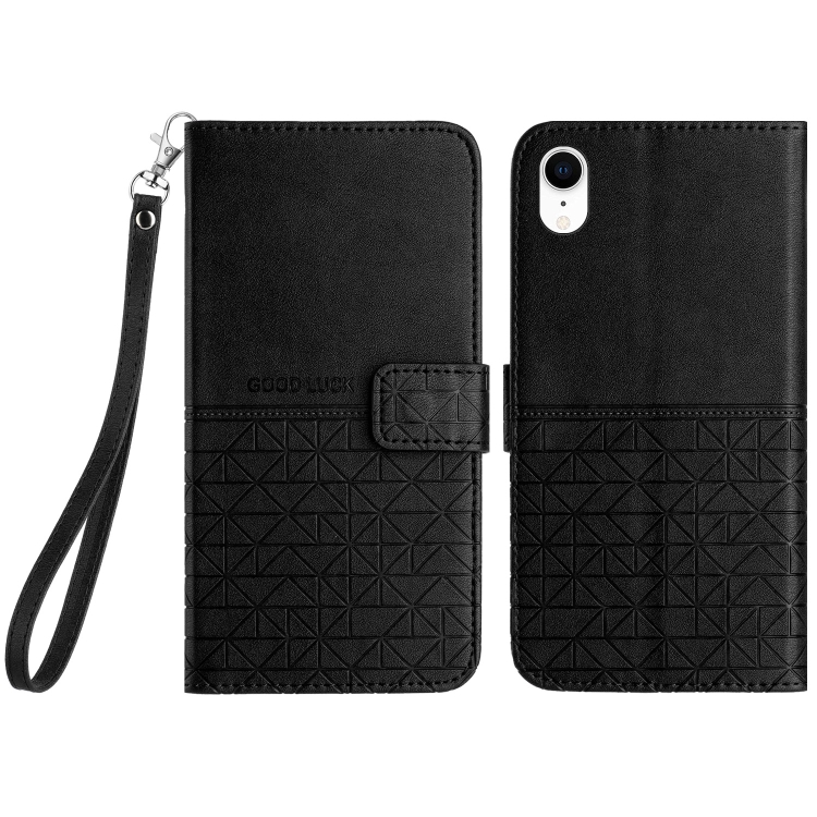 

For iPhone XR Rhombic Texture Leather Phone Case with Lanyard(Black)