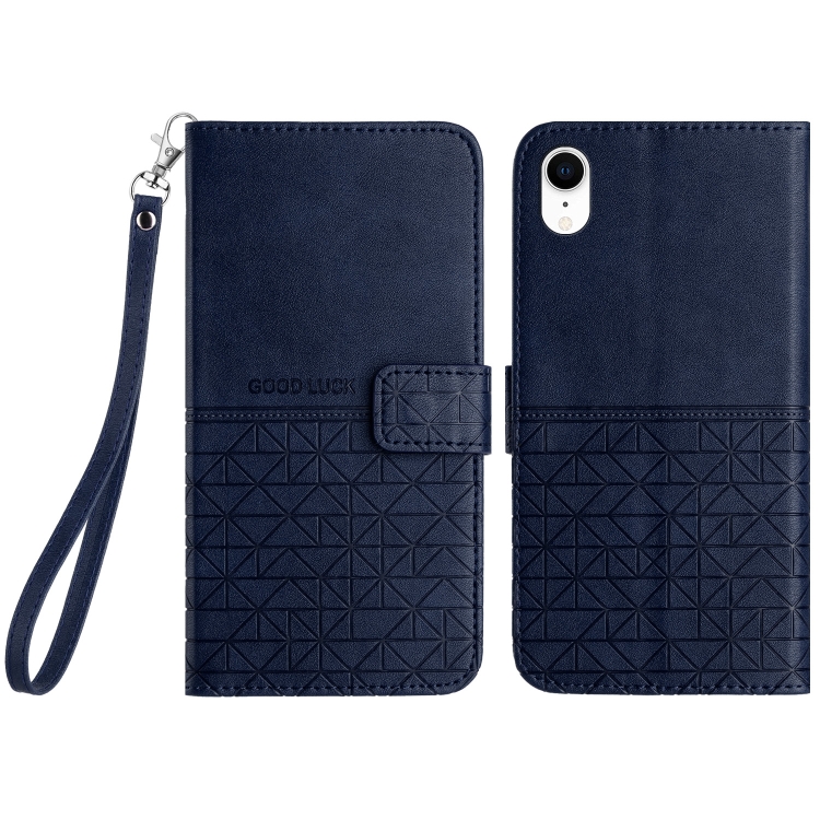 

For iPhone XR Rhombic Texture Leather Phone Case with Lanyard(Blue)